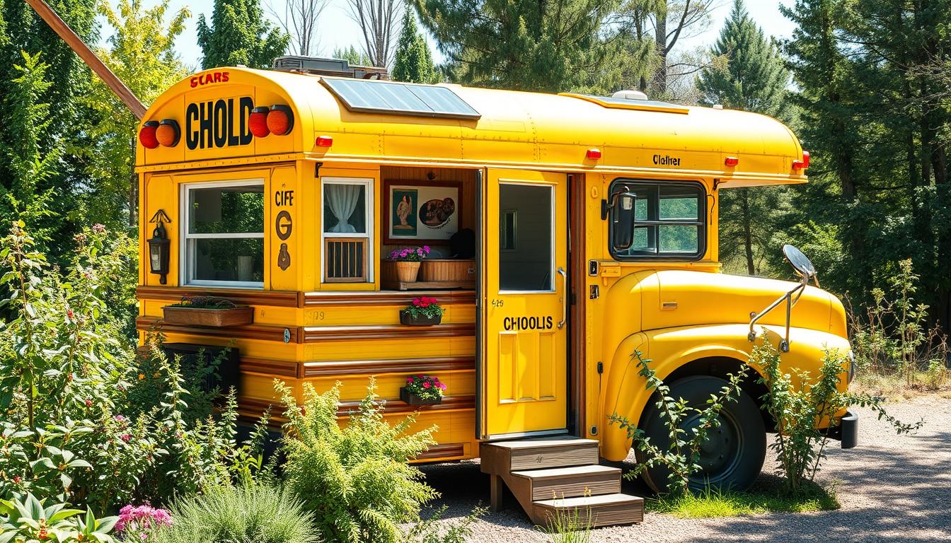 Transformation d’un bus scolaire en une petite maison originale construite